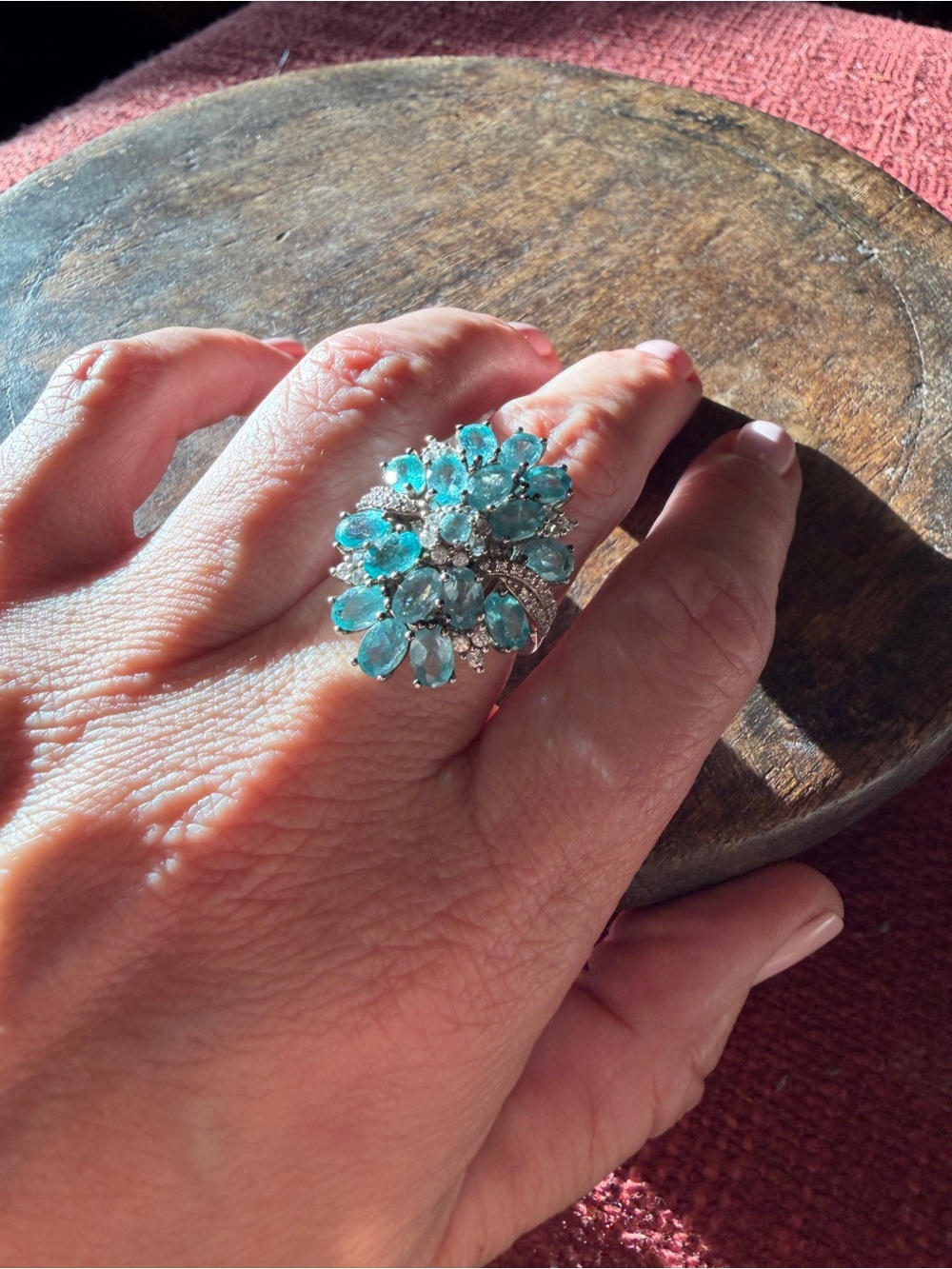 Sterling apatite & white topaz ring  Blue Topaz Floral Cocktail Ring